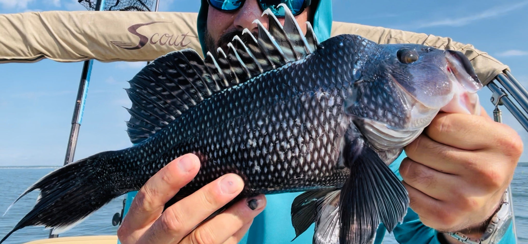 Person holding a large fish on a boat with a clear sky background
